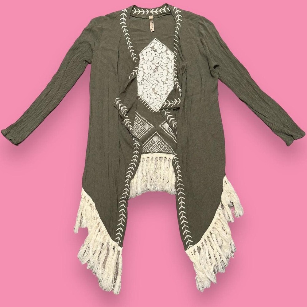Entro Boho Beach Open Front Tassel Embroidered Lace Floral Cardigan Size M